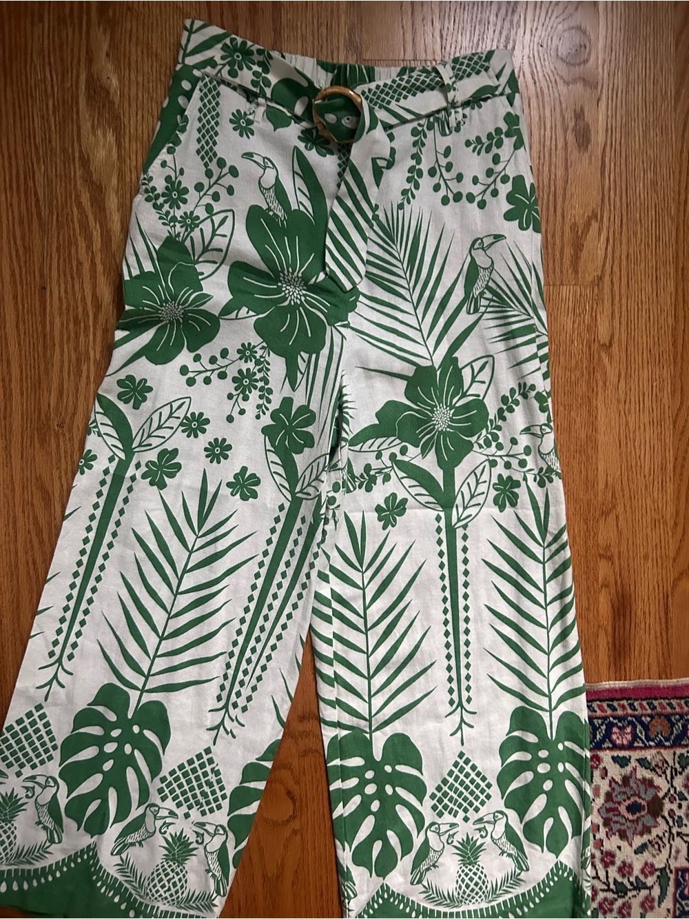 Green Tropical Print Wide-Leg Pants